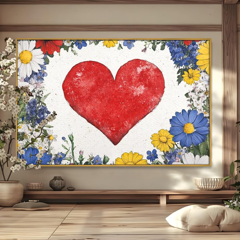Tablou canvas cu tablou canvas cu inima rosie si flori, in rama de aluminiu auriu